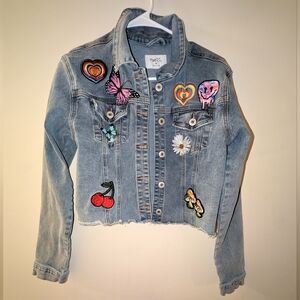 RUE21 Denim Jacket with patches and embroidery cropped Size Medium